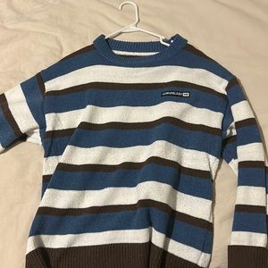 Stripped blue, white, brown crochet long sleeve sweater